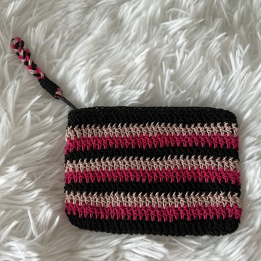 Braided crocheted coin purse pink and black stripe